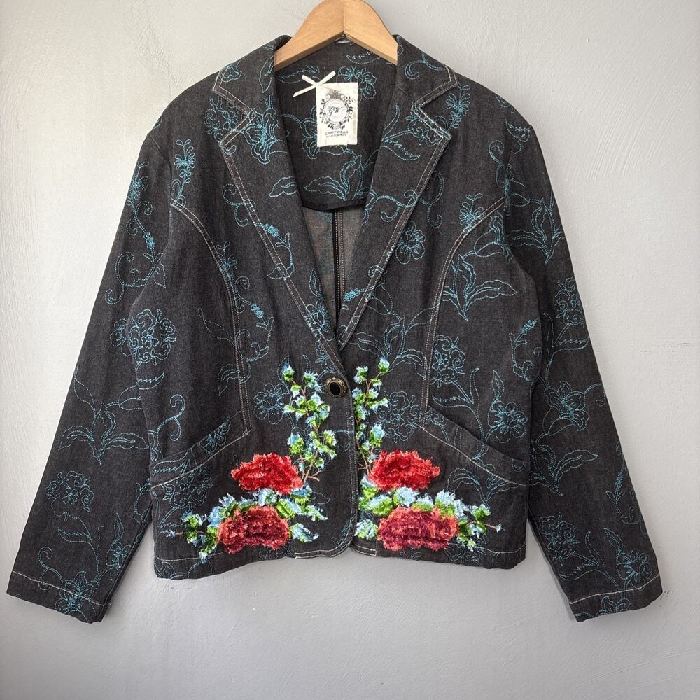 Graff Wear Floral Embroidered Jean Jacket Size Large Black Denim Y2K Indie Boho